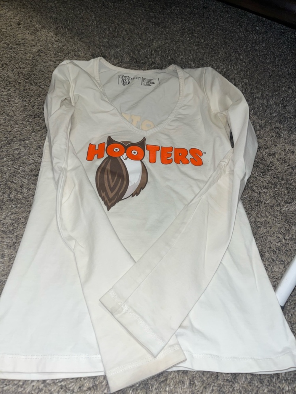 Hooters White Long-Sleeve Tee with Orange Logo and Brown Owl